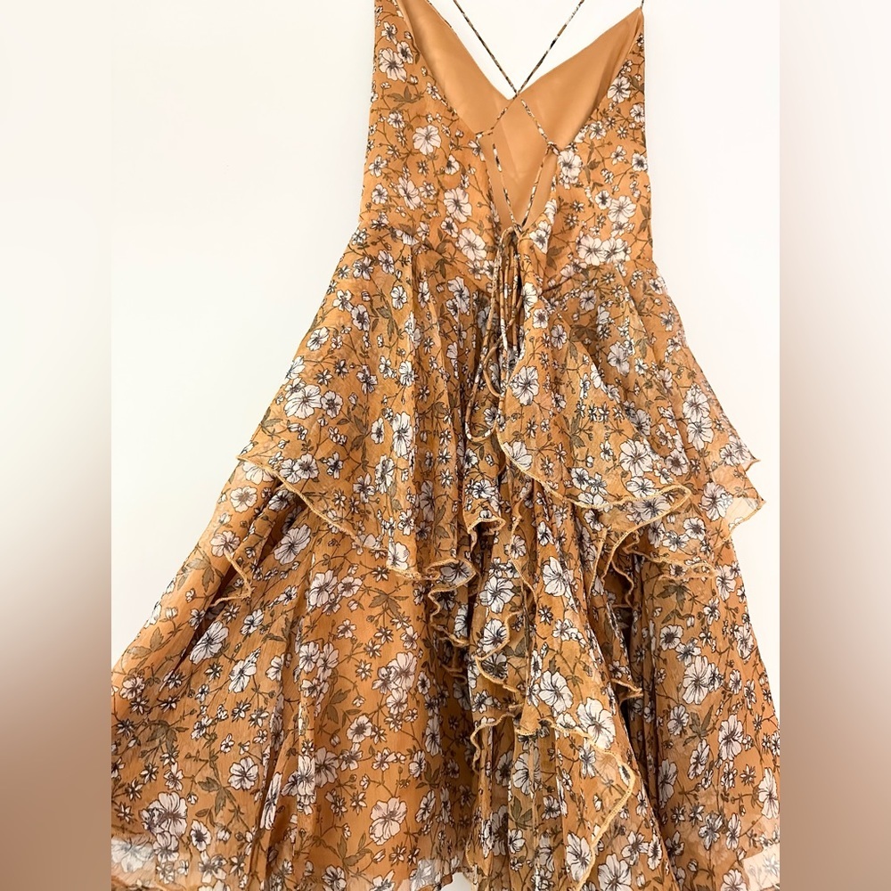 Storia gold orange floral mini dress flowy strap back medium